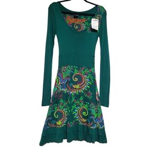 Desigual Vest Stella Green Printed Long Sleeve A-Line Dress Unique Women's US XS